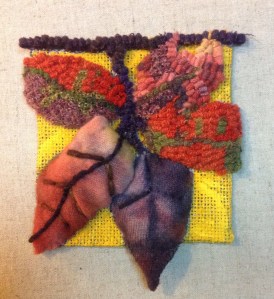 Blackberry Branch, Susan L. Feller painted linen, hooked, embroidered, quilted